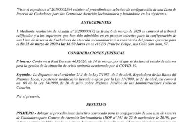 Anuncio por el que se aplaza el proceso selectivo para la configuración de una lista de reserva de Cuidadores